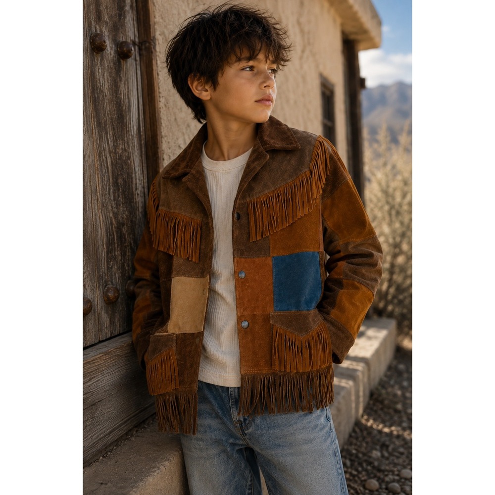 Vintage 70s Boys S Multicolor Patchwork Suede Leather Fringe Western Jacket